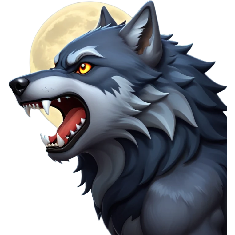 cinematic-noble-fierce-werewolf-howling-portrait-emoji, poised-and-imposing, with a fierce wolfish face tilted upwards in a haunting howl, glowing eyes full of primal ferocity, sharp, and a rugged snout, fur rippling in shades of midnight black and silver, muscles tensed as the powerful howl echoes beneath the moonlit sky; rendered with realism, capturing the raw, untamed power of the beast in its wild, primal state emoji