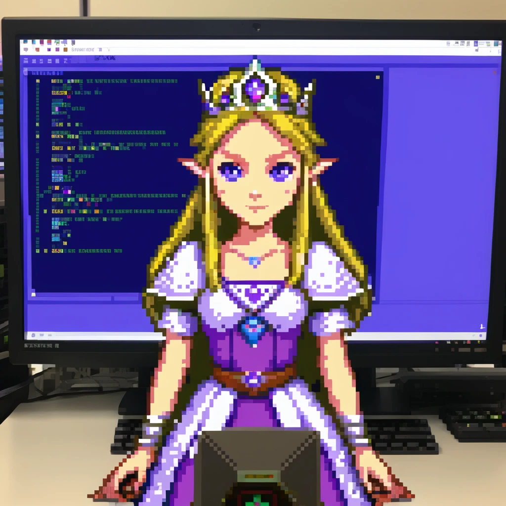 Princess Zelda wearing her crown and purple dress programming with code visible on computer screen emoji