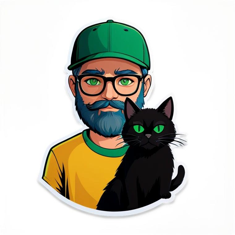 A bold man with a grey baseball cap, green eyes, big beard and glasses holding a black cat emoji