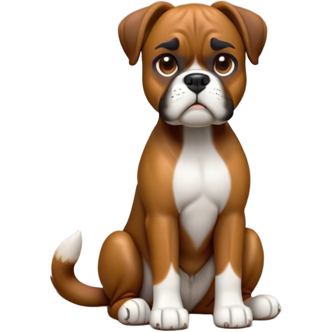 cinematic-[boxer dog]-realistic-full-body-sitting-emoji,-tail-resting-loosely-beside-its-paws,-head-tilted-dramatically,-sleek-[brown]-fur,-simplified-yet-realistic-focused-features,-highly-detailed,-glowing-with-an-almost-sarcastic-glow emoji