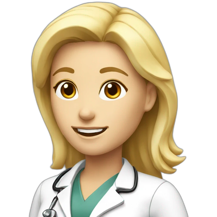 A blonde female doctor face, happy, oblique view emoji