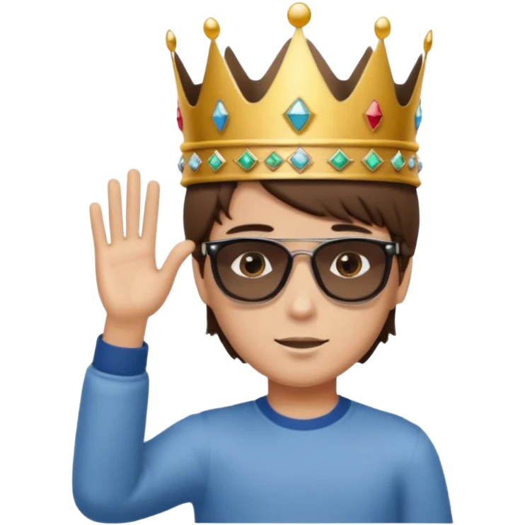 Un niño con cabello lacio no muy largo color marrón castaño,ojos marrones,piel no muy blanca, que tenga lentes de sol color negro,reloj en la mano derecha y una corona como sombrero emoji