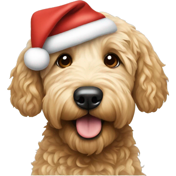 Golden doodle wearing Santa hat emoji