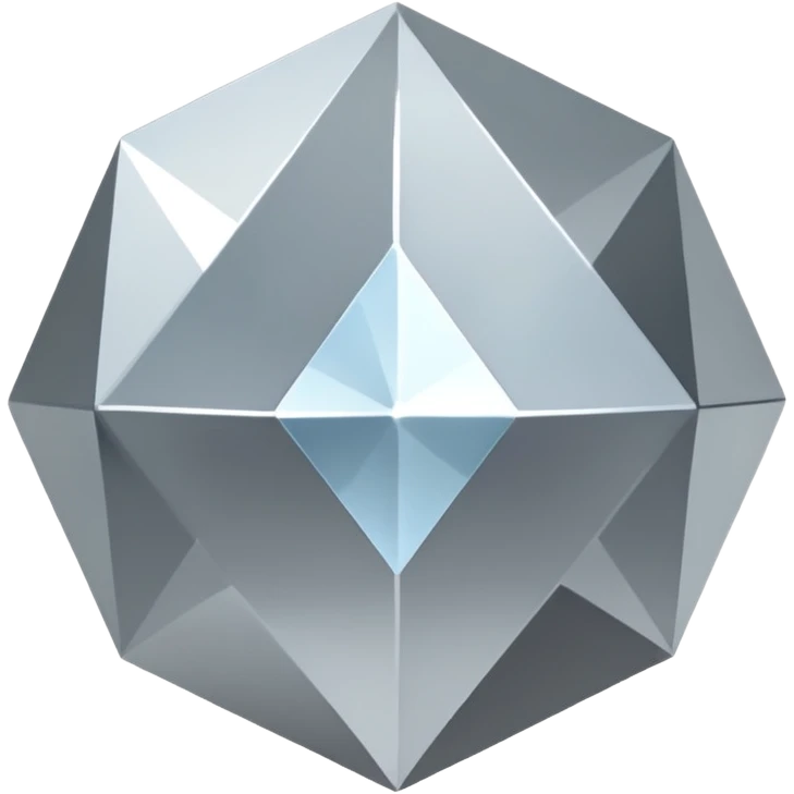 A faceted diamond emoji made of silver chrome, smooth reflective surfaces, soft metallic shine, minimalistic and clean design, iOS emoji style, centered on white background, soft studio lighting emoji