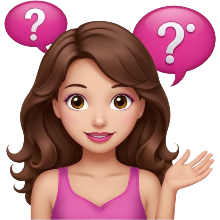 girl with long wavy brown hair, brown eyes, long lashes makeup, sexy pink lips, light to medium complexion, wearing a pink sexy top, shugging, question mark one speech bubble emoji