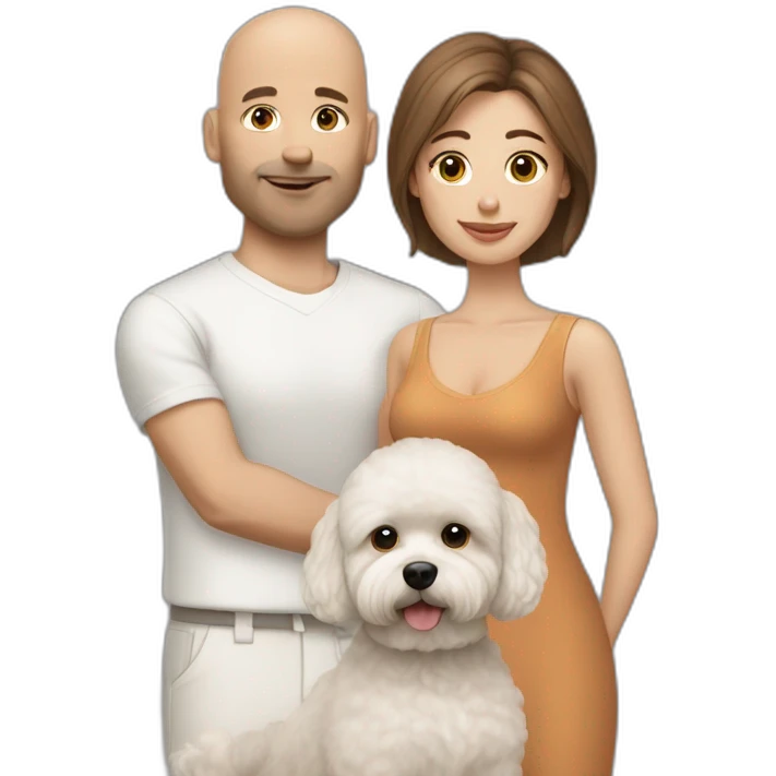 a bald man and long brown straight haired woman with white maltipoo emoji