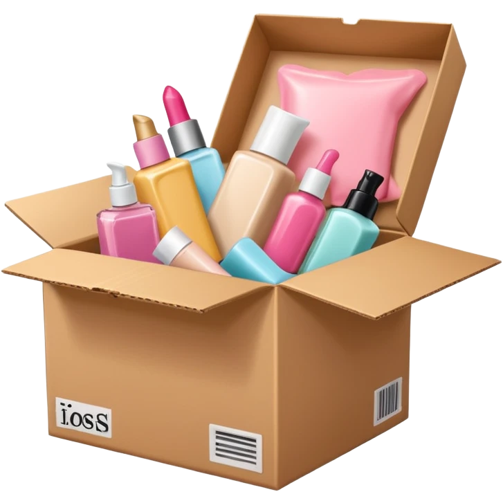a cardboard box with assorted beauty products like compact, lotion, and nail polish spilling out with a pink background emoji