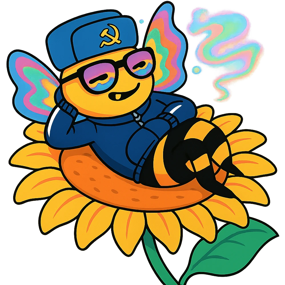 Russian-themed bee with gold tooth, tracksuit, sunglasses, lounging on a sunflower, dreamy spaced-out expression, subtle references to psychedelic colors emoji