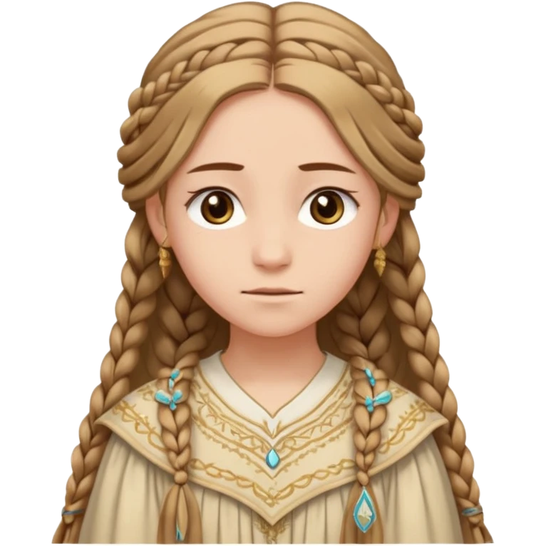Joven de unos 20 años, de aspecto dulce y elegante.
Piel clara, ojosy expresivos, sonrisa triste.
Rubio o castaño claro, largo, con trenzas o velo.
-Vestido largo de tonos suaves (blanco, azul o lavanda), con bordados dorados; un manto o toca fina cubriendo la cabeza. emoji