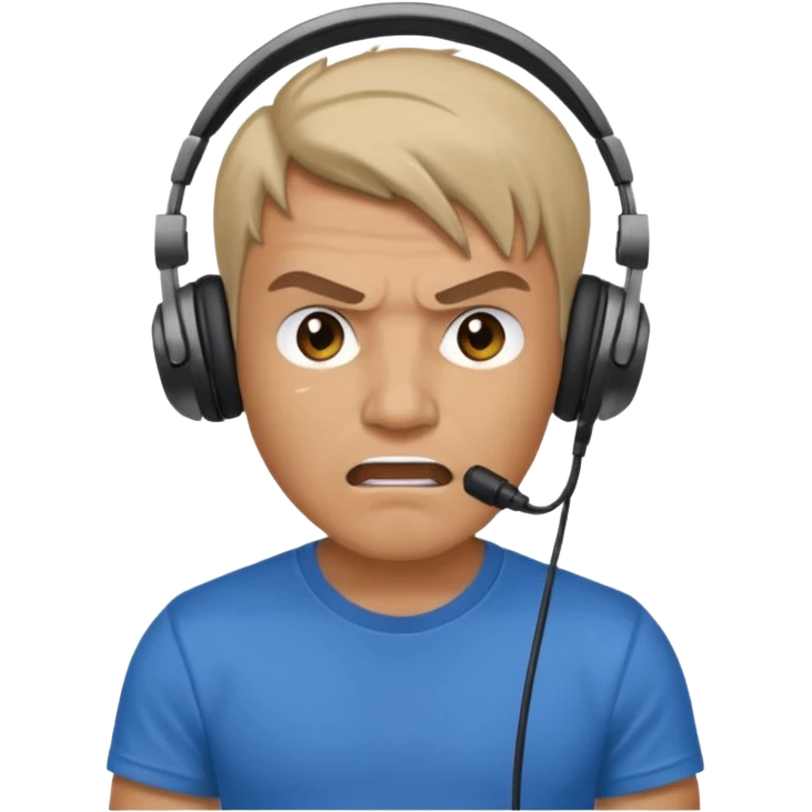 Male, angry, wearing headphone having mic, t-shirt 
 emoji
