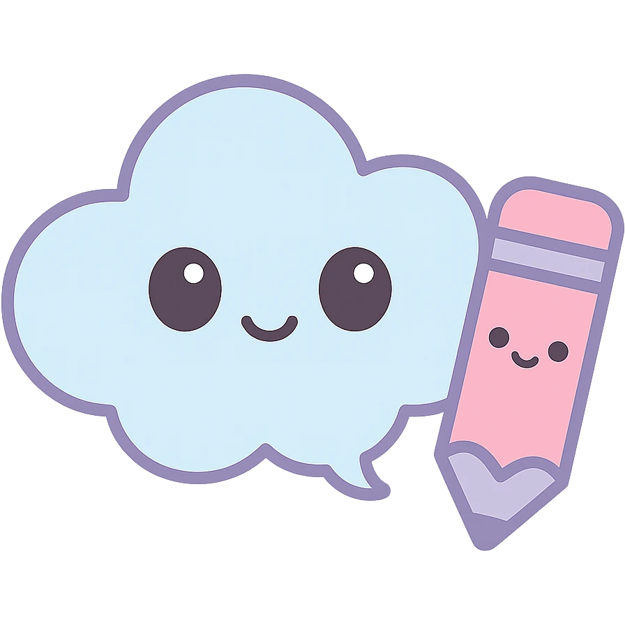 kawaii style cloud-shaped speech bubble emoji with a smiling face and a pencil next to it, representing a post caption as a comment emoji