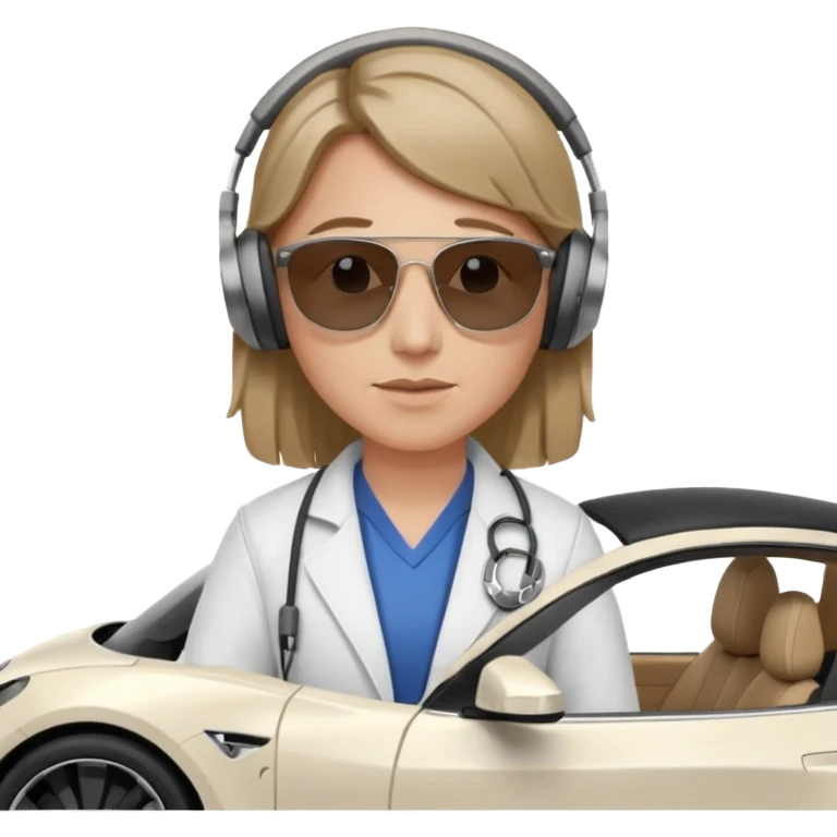White tesla model 3 with a cool physician with dark blond hair, beats and sunglasses next to it emoji