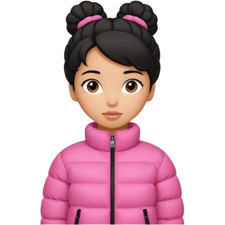 A caramel skinned girl that’s has puffy black hair with her hair up skinny and wears a pink puffer coatb emoji
