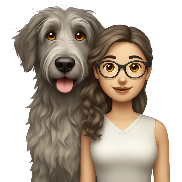 Brown wavy hair girl with glasses and an Irish wolfhound dog emoji