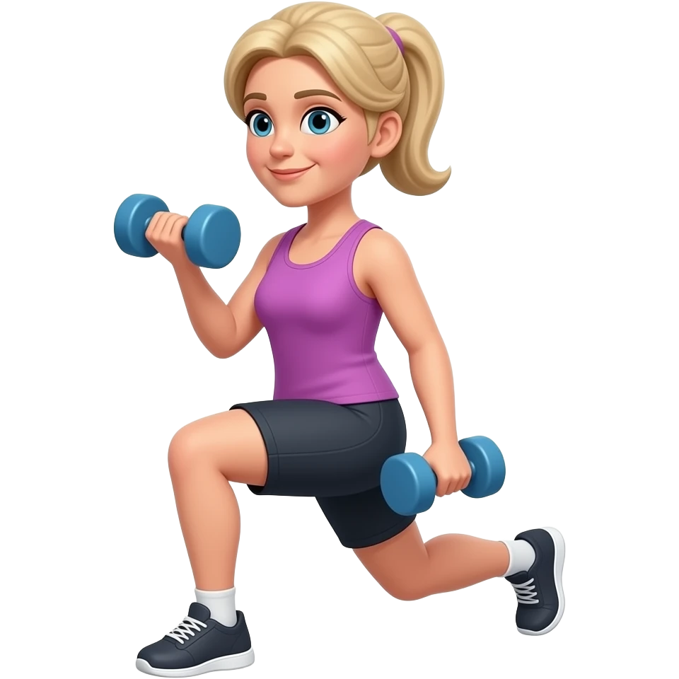 50 year old medium blonde hair woman doing weighted lunges with dumbbells - no pony tail emoji