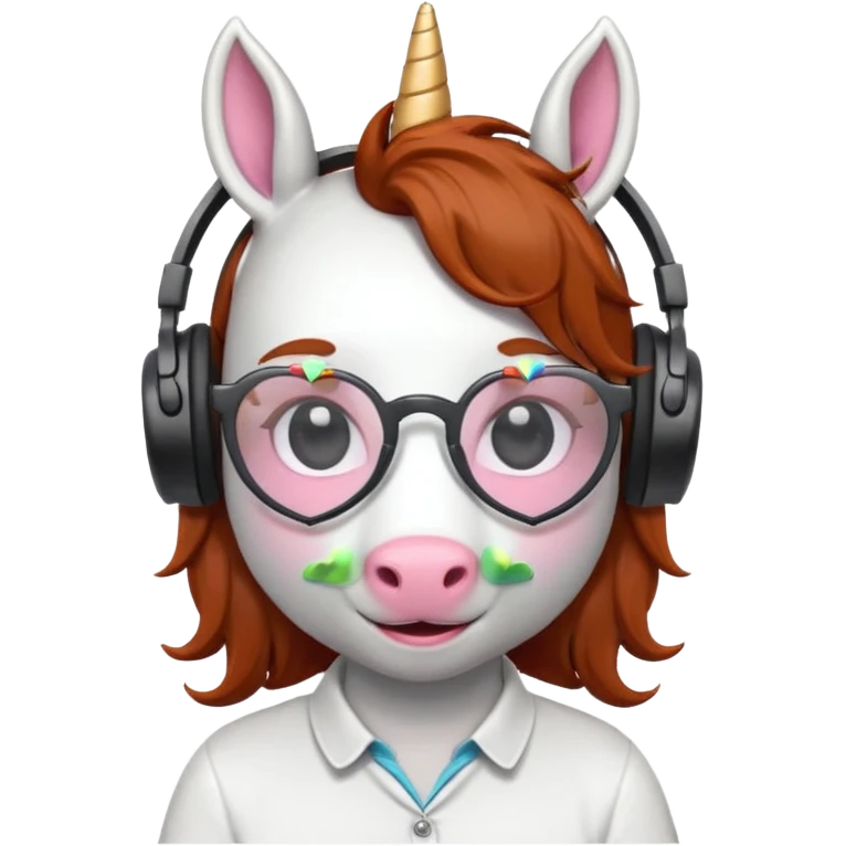 headphone wearing white unicorn with dark ginger hair and heart shaped spectacles very unicorn looking emoji