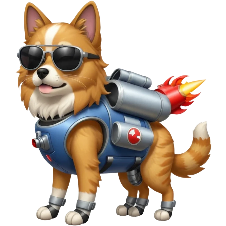 A big dog mixed with a cat that has a jet pack and has rocket boots and has 8 legs and wearing sunglasses  emoji