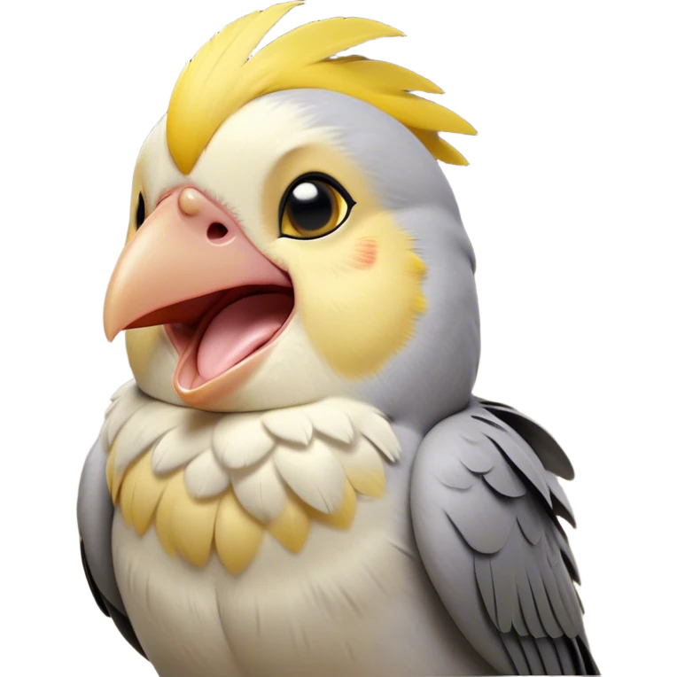 Cinematic Cute Yawning Cockatiel Portrait Emoji, Head tilted slightly with a dramatic, wide-open yawn, showcasing a soft grey fur with subtle yellow accents and gently drooping crest feathers, round dark eyes barely open in drowsy contentment, Simplified yet irresistibly adorable features, highly detailed, glowing with a soft, cozy glow, high shine, relaxed yet expressive, stylized with a touch of whimsy, bright and endearing, soft glowing outline, capturing the essence of a sleepy yet affectionate cockatiel, so drowsy it feels like it could stretch out of the screen and curl up for a nap! emoji