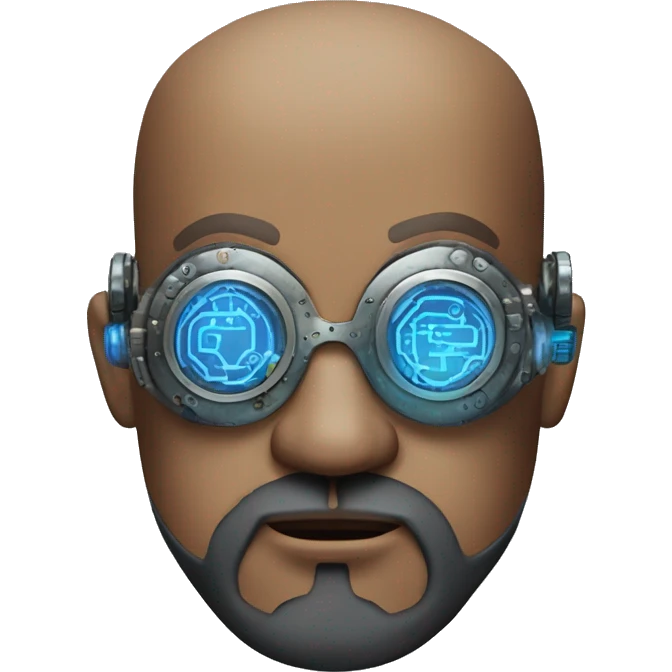 Bearded Fat bald cyborg head with brown skin, blue steampunk goggles and circuits emoji