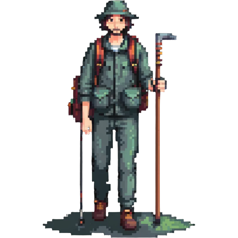 detailed man with visible face and full body standing in mist, wanderer with backpack and walking stick emoji