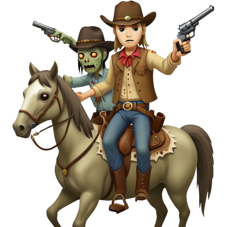 A cowboy on a horse with a pistol shoots a zombie man with long hair emoji