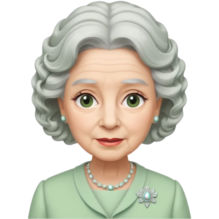 Queen Elizabeth with grey hair and waves in pastel green clothes emoji