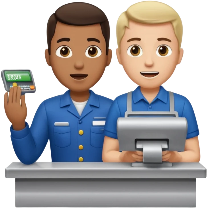 Supermarket employee at a cash register, full body, serving a man surprised emoji