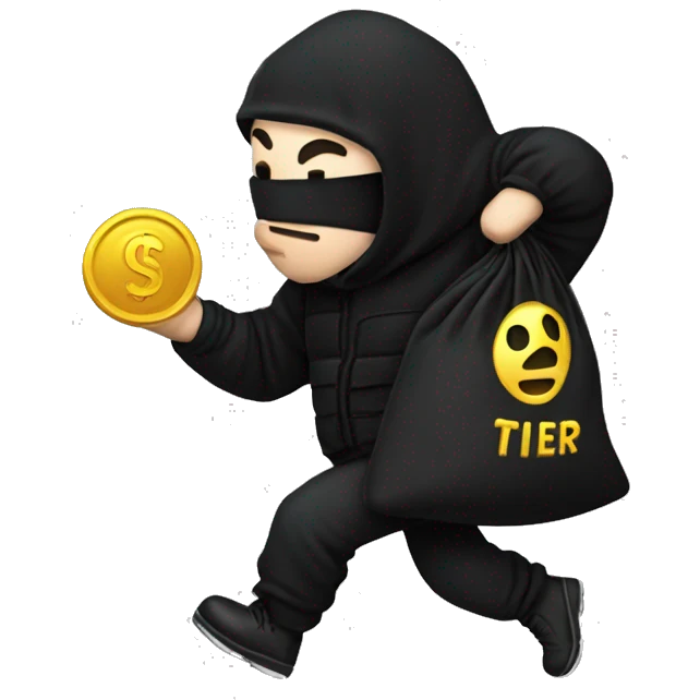 Thief wearing all black clothes actively stealing a money bag with the words Top Tier embroidered on it emoji