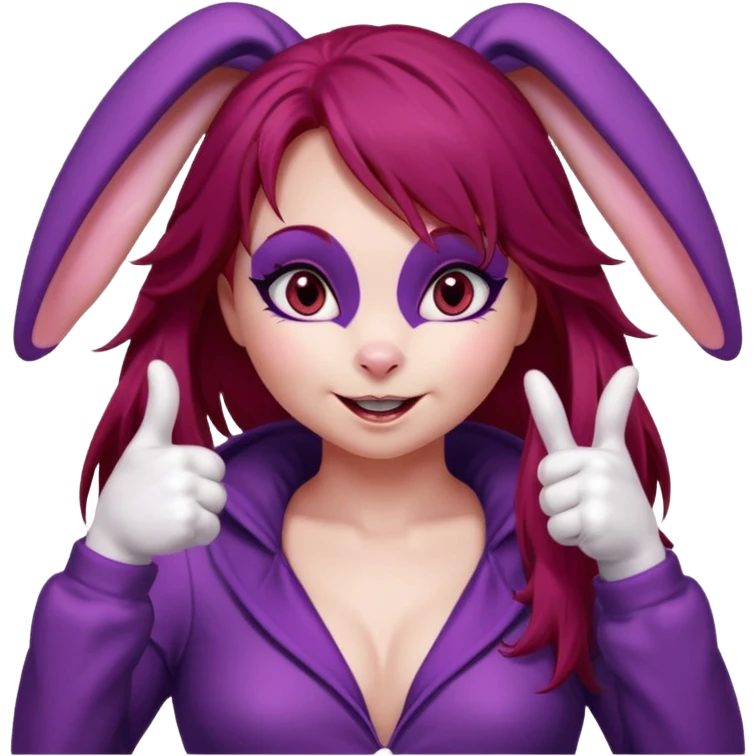 Bunny girl, with dark red crimson hair color, and black bunny ears. Deep purple eyes. Wears a classic bunny suit. List of expressions:
Disappointed expression
Thumbs up with a happy face
Happy face with sparkly eyes
Surprised face like " O_O "
silly and cute dead on the ground with X's on eyes. emoji