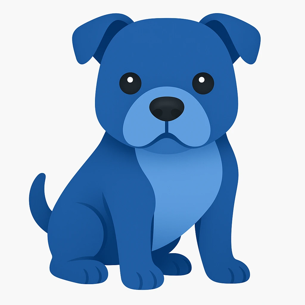 Create an emoji style illustration of a Staffordshire Bull Terrier in blue color. The style should resemble apple style emojis with concise details and no text. emoji
