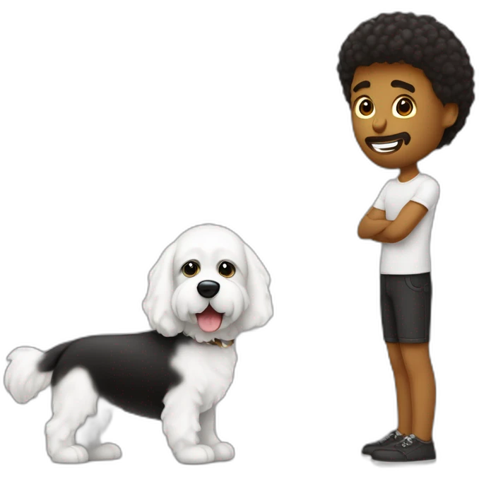 hombre blanco de pelo negro abrazando a una perrita color café raza grande emoji