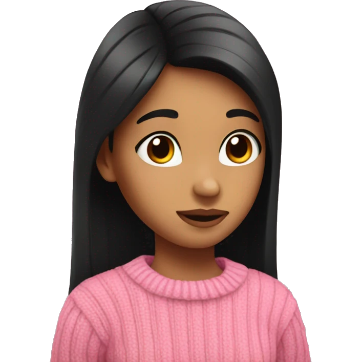 A girl with straight black hair in a pink sweater shows her heart with her hands emoji