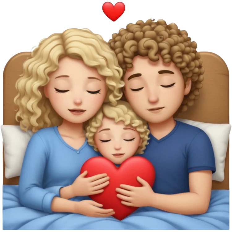 cuddling in bed, asleep. wavy haired blonde girl. curly haired brunette man. eyes closed. heart between them. no headboard emoji