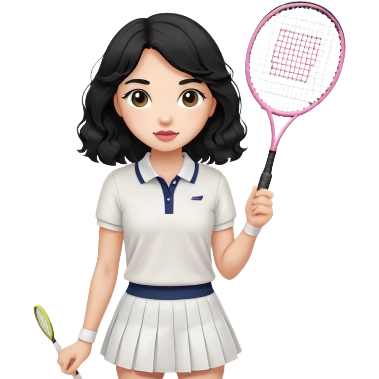 A girl with soft, gentle black hair with waves. She's wearing a white polo and tennis skirt, holding a badminton. She has really long lashes, slightly plump and pink lips as well as blushy cheeks. emoji