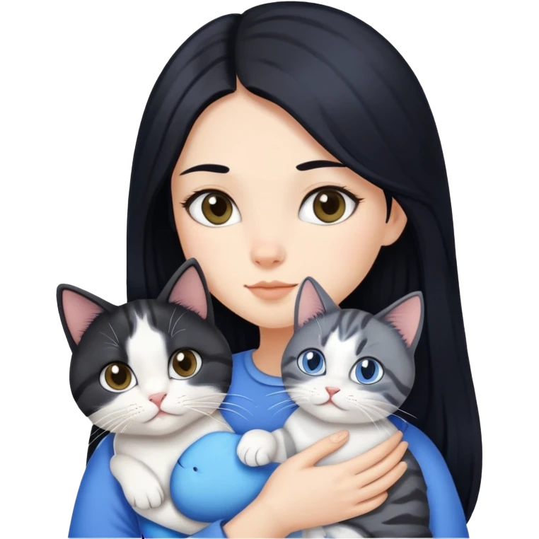 The girl with long black hair is holding a tabby cat and a blue and white cat. emoji
