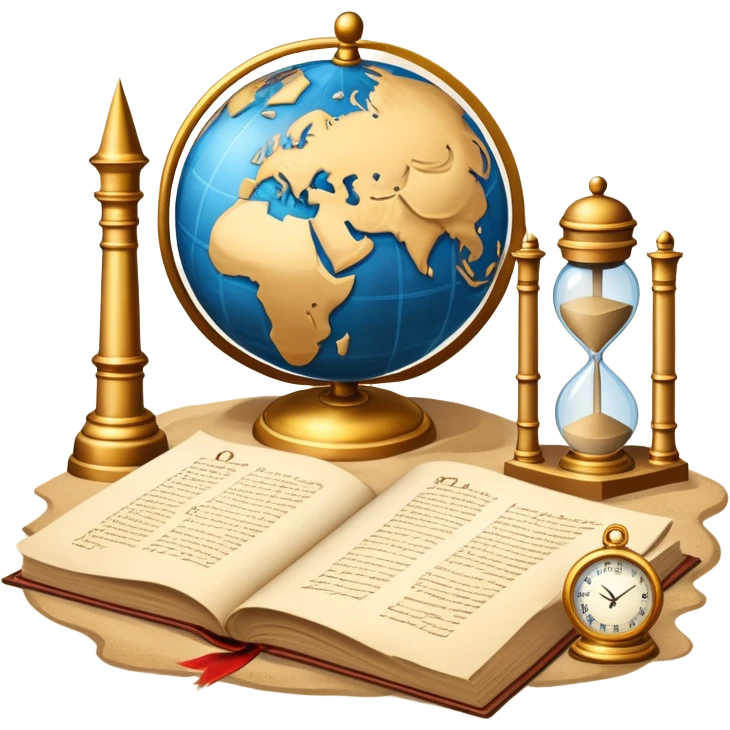 An icon featuring ancient scrolls, a quill pen, and large, old-fashioned sand clocks, symbolizing the study of history. The design includes a globe and a timeline with significant historical events, set against ruins to evoke past civilizations. Transparent background highlights the passage of time. emoji
