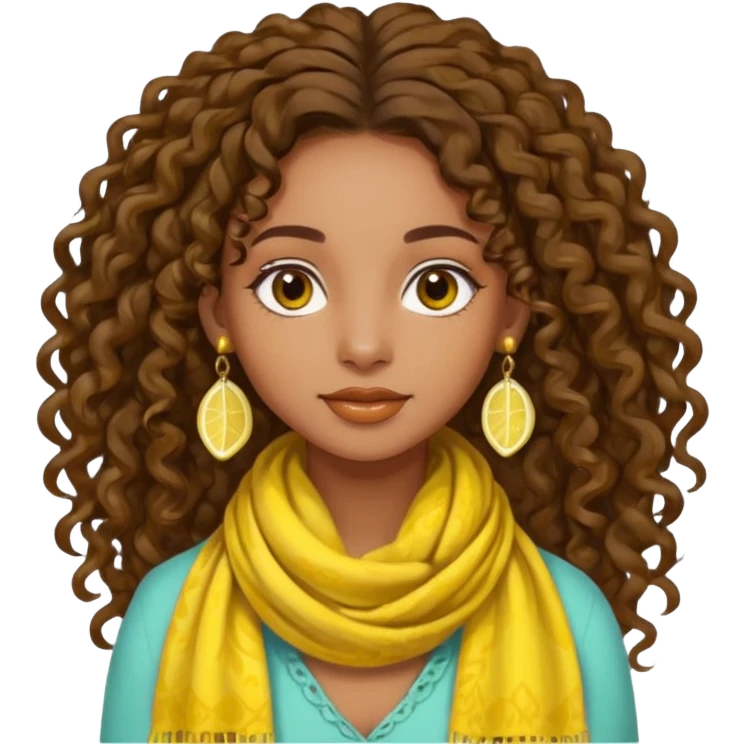 brown-skinned girl, bohemian, long curly brown hair tied up, lemon yellow scarf, round earrings emoji