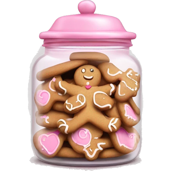 Realistic glass cookie jar with light pink lid full of gingerbread cookies isolated.  emoji