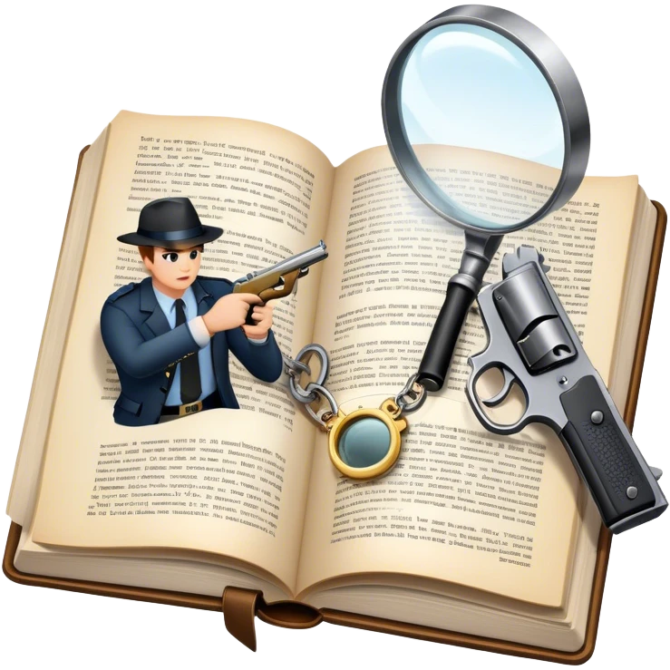 Icon for Action & Crime Reading: an open book with action-packed scenes on the pages, including detectives, chase scenes, and suspenseful moments. Add a gun, handcuffs, and a magnifying glass, while keeping the book as the main focus. Transparent background. emoji