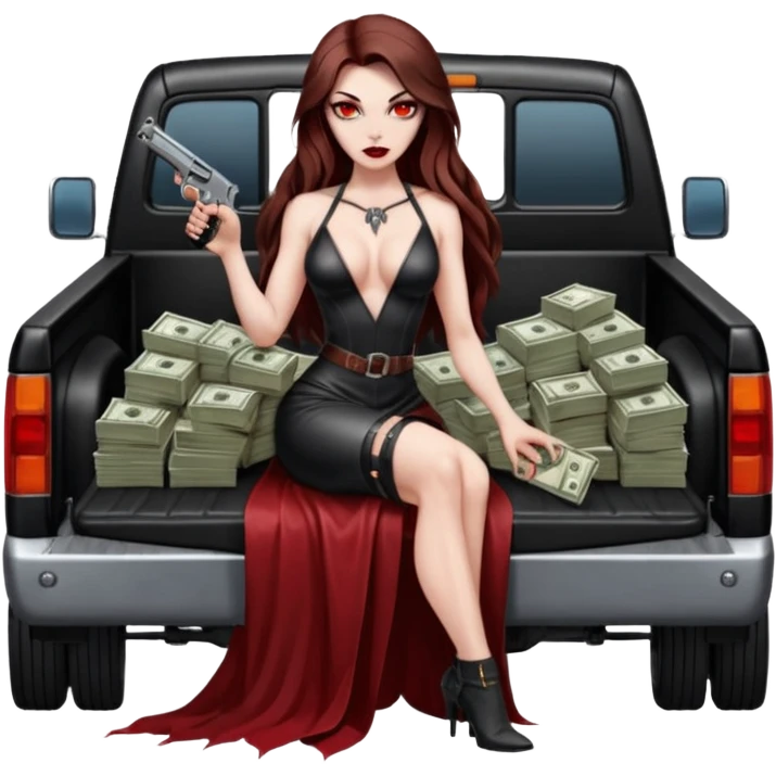 Lilith red eye seductress evil long brown haired sexy succubus woman with leather long dress with slit on, sitting in Big Large F350 pickup truck. Back seat full of stacks of cash, she is  Holding a human skull of her enemies and a gun in other hand emoji