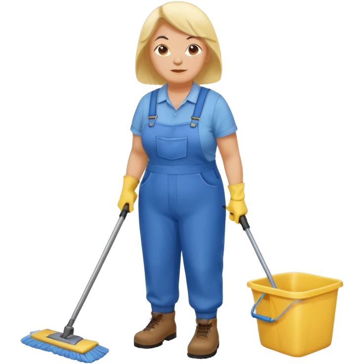 old and fat women, Custodian with yellow rubber gloves, white T-shirt, blue overalls, mopping floor emoji
