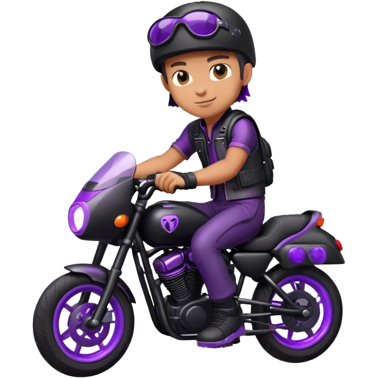 A biker boy wearing a gear sitting on his bike the bike has purple lights on and tge bike is black  emoji