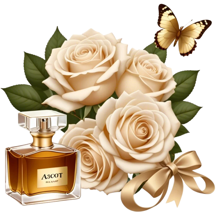 A bouquet of white Ascott tea roses next to a beige aesthetic and a brown beautiful butterfly and a gold silk ribbon and a beautiful flacon of aesthetically pleasing vintage-style perfume in pearl color emoji