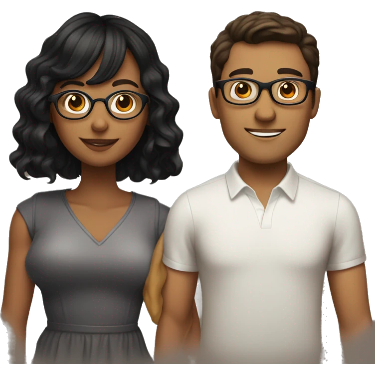a couple. woman with wavy black hair and bangs. man with brown middle part and glasses emoji