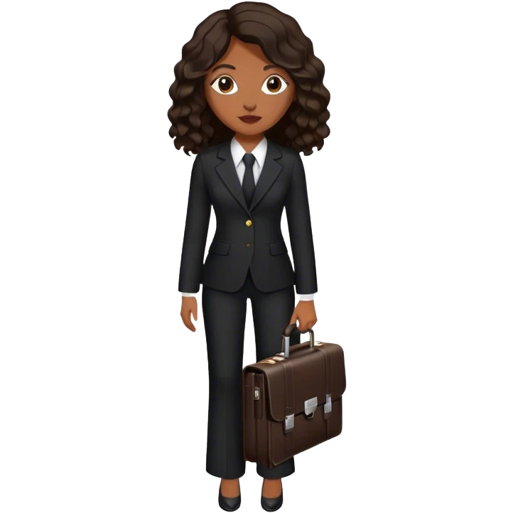 dark brown woman with dark brown mid-length wavy hair in a black pant suit executive with briefcase emoji