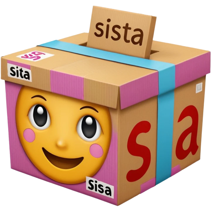 cardboard box with the word SISTA printed on it, clear and legible, simple emoji style emoji