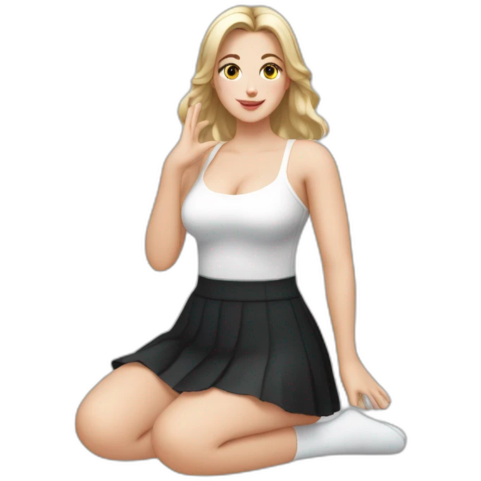 Front view full body curvy caucasian beauty sitting straight hands up black skirt white knickers white socks emoji