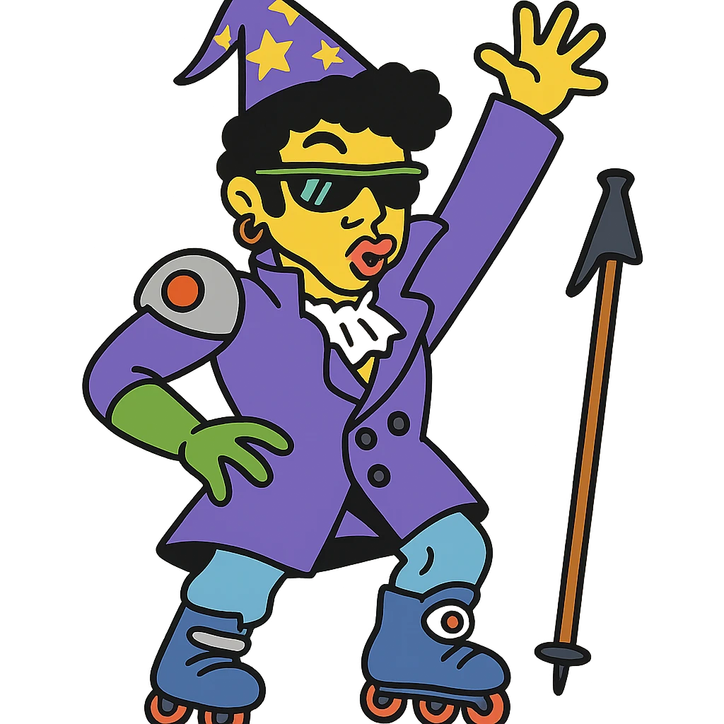 flat toon style yellow guy showing off his fabulous outfit combining prince, alien, terminator, skater, skiier, and wizard elements, making a weird face, stylish and fabulous emoji