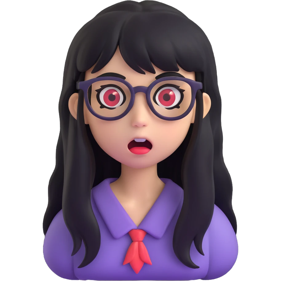 zombie girl with long black hair, bangs, and glasses, 3D emoji style emoji