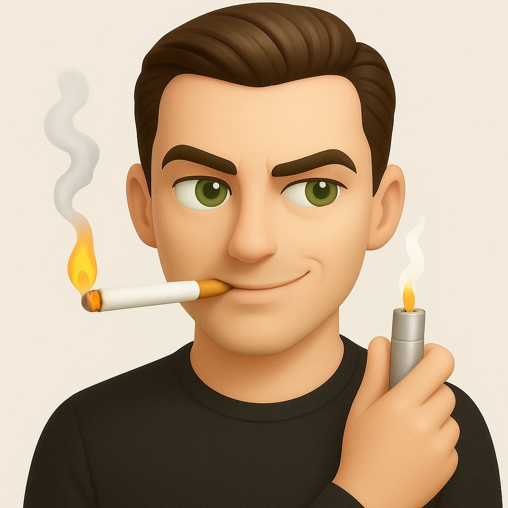 a guy with green eyes and slicked back brown hair stay with a lighter and a cigarette in his mouth with a sly expression on his face, emoji style, 3d emoji style emoji